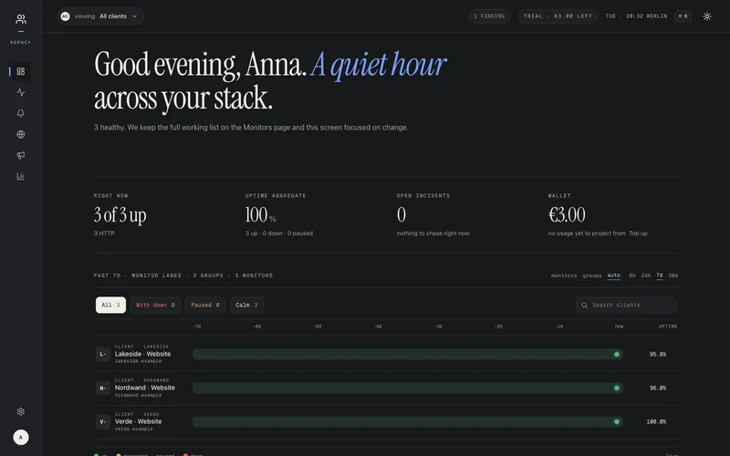 The up4 dashboard with client websites and recorded check history.